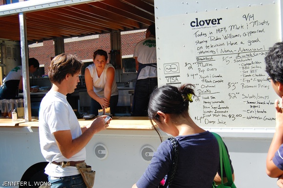 On Monday, Ayr Muir ’00, owner of the Clover Food Truck, uses an iPhone to take down orders and send them to Clover employees. The truck is located outside of MIT Medical and is open from 8 a.m. to 2:30 p.m.