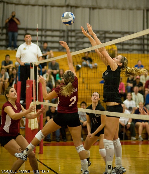 Senior captain Barden E. Cleeland attempts to block the ball during the second set of MIT’s varsity volleyball match against Springfield College. The Engineers topped the then-undefeated Pride 3-1 in Tuesday’s match.