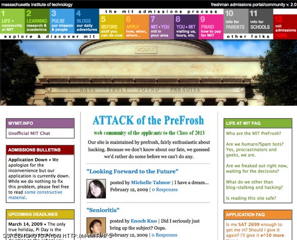 Eight Class of 2013 applicants created http://mymit.info, a website spoofing the popular MIT Admissions blog site. The site has blogs from five applicants to the Class of 2013.Ben Jones, the former MIT admissions officer who created the original mitadmissions.org, said on their site “You guys are brilliant. If I still worked at MIT, I’d fight to the death for you all in committee. Bravo!” Jones also told The Tech that he “was wholeheartedly impressed by their efforts — one of the coolest things I’ve seen in a long time. :-)”Randall Munroe, creator of the popular XKCD web comic, also drew a special comic for the site (right).The site became well-known earlier this week after a link was forwarded to many dormitory mailing lists. Colton Provias of Saltsberg, PA was the lead developer of the site.