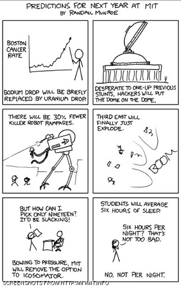 Eight Class of 2013 applicants created http://mymit.info, a website spoofing the popular MIT Admissions blog site. The site has blogs from five applicants to the Class of 2013.Ben Jones, the former MIT admissions officer who created the original mitadmissions.org, said on their site “You guys are brilliant. If I still worked at MIT, I’d fight to the death for you all in committee. Bravo!” Jones also told The Tech that he “was wholeheartedly impressed by their efforts — one of the coolest things I’ve seen in a long time. :-)”Randall Munroe, creator of the popular XKCD web comic, also drew a special comic for the site (right).The site became well-known earlier this week after a link was forwarded to many dormitory mailing lists. Colton Provias of Saltsberg, PA was the lead developer of the site