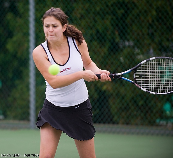 Stasey Vishnevetsky ’12 hits a backhand shot during the women’s tennis match against Tufts University on Friday at the du Pont Tennis Courts. The Engineers lost the match 9-0 against a strong Tufts team.