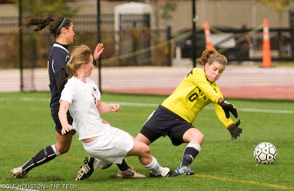 Erika C. Granger ’10 slides to the ground as she scores the first goal of the game for the Engineers during the women’s soccer game against Smith College on Saturday at Steinbrenner Stadium. The Engineers won 6-0 under overcast skies.