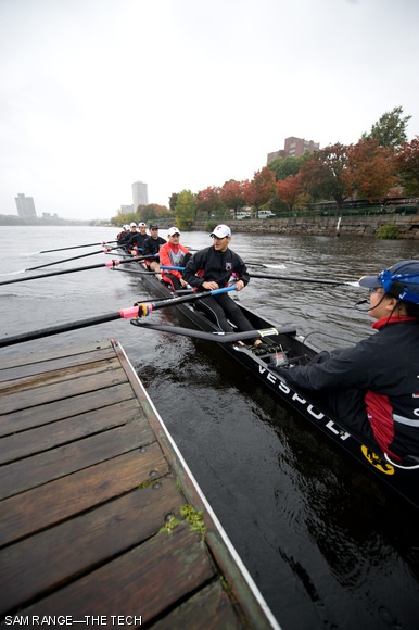 Members of the MIT Lightweight Men’s Varsity Crew launch from Pierce Boathouse Sunday before competing in the Head of the Charles. The two-day rowing event is one of the sport’s most celebrated.