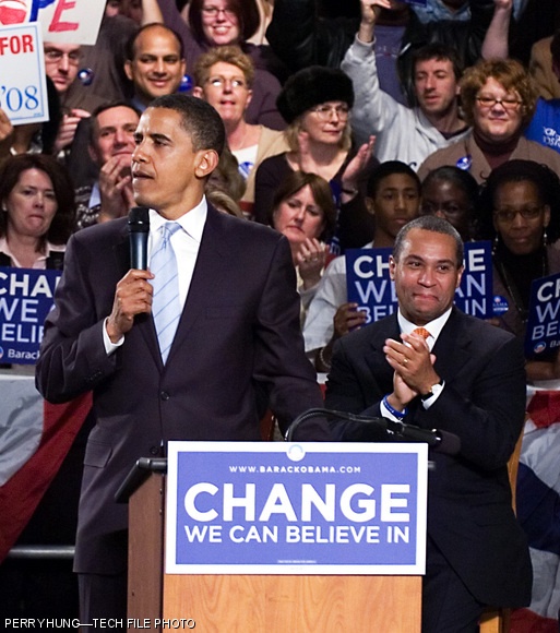 President Barack Obama will encourage Americans to lead the global economy in clean energy during his speech today in Kresge Auditorium at 12:30 p.m. Obama is pictured here with Governor Patrick during his campaign stop in Boston in February 2008.