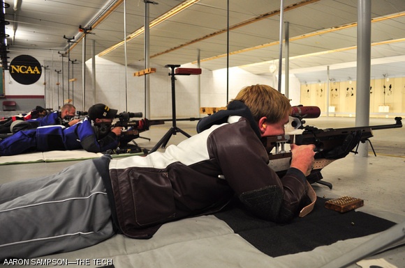 Timothy R. Jenks ’13 shoots prone in the 3 position smallbore rifle match against John Jay College of Criminal Justice. The Engineers defeated the Bloodhounds 4453 to 4199.