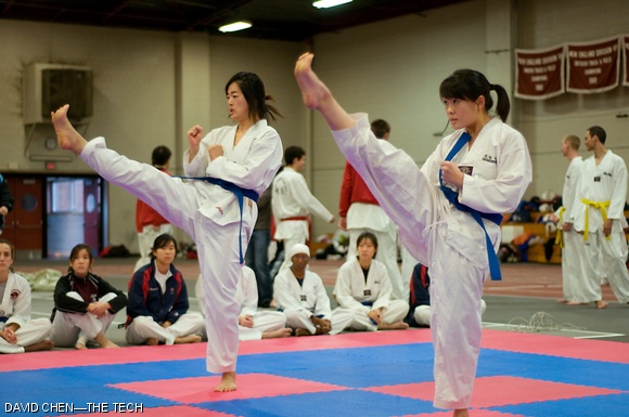 Lorraine Ling G (left) executes at the MIT Tae Kwon Do tournament held this past Sunday at the Z-Center. The Engineers finished first overall.