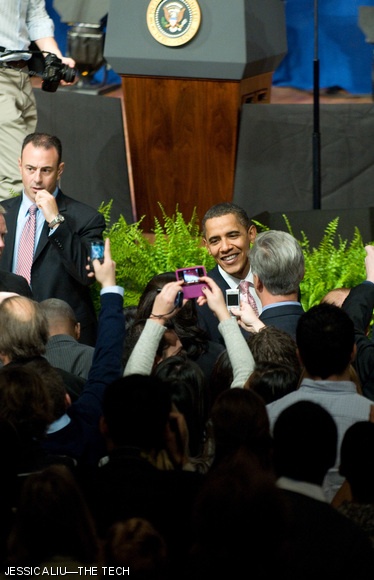 President Obama shakes hands with members of the audience following his speech about clean energy at Kresge on Friday. MIT was given 200 tickets to allocate; Kresge’s maximum capacity is 1,000 people.
