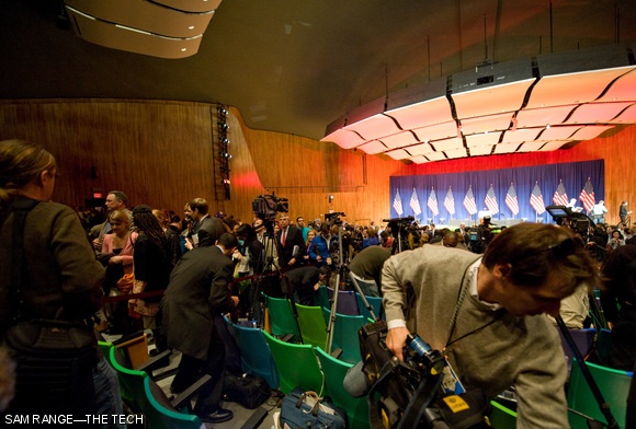 Photographers and video crews pack up supplies after President Obama’s address on Friday in Kresge.