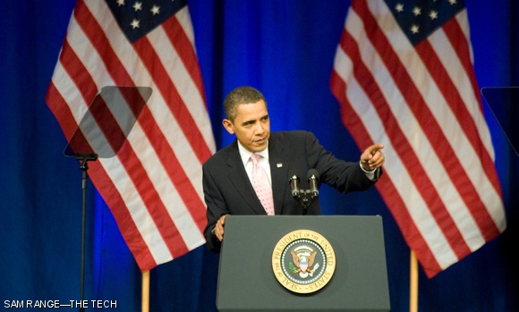 President Barack Obama speaks about his administration’s energy policy and MIT’s Energy Initiative at Kresge Auditorium on Friday. The President started his speech jovially mentioning that MIT hackers had placed his motorcade on Building 10. See pages 8–9 for more images of the event.