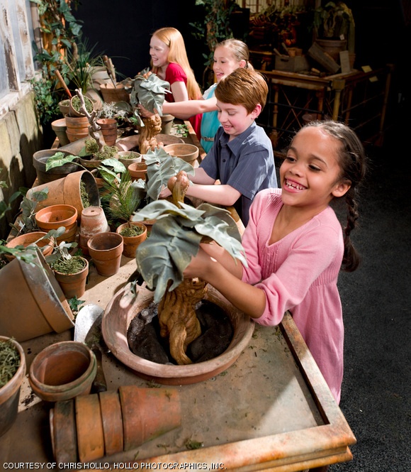 Kids pull out mandrakes in the Herbology area of the Harry Potter exhibit at the Museum of Science in Boston.