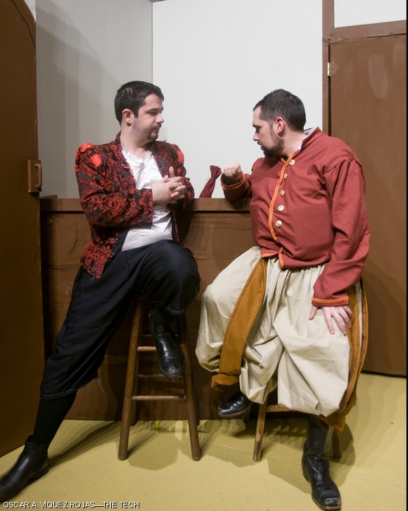 Brooke (Kellas R. Cameron ’10, left) tries to unveil Falstaff’s (Greg Lohman) plot to sleep with his wife during a dress rehearsal of the MIT Shakespeare Ensemble’s rendition of “The Merry Wives of Windsor.”