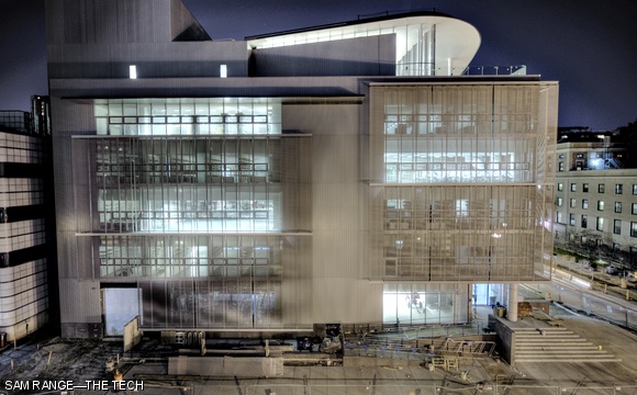 The Media Lab Extension construction site is seen at night from the eastern parallel of East Campus in this high dynamic range image compilation.