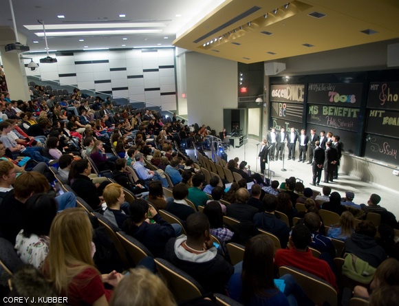 A crowded 10-250 watches as the Harvard Din & Tonics perform at the MIT/Welllesley Toons Concert for a Cure, which took place Saturday night in 10-250. It was the 4th annual Multiple Sclerosis benefit concert hosted by the Toons, and they raised over $1,700 for the Accelerated Cure Project, which conducts research aimed at understanding and curing the disease.