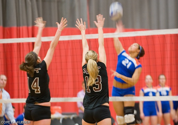 Senior captains Alexandra T. May and Barden E. Cleeland leap to block a spike by U.S. Coast Guard Academy’s Nicole Johnson in the NEWMAC women’s volleyball semi-finals last Friday at Rockwell Cage. The seniors each finished the match with 3 blocks, contributing to the Engineers’ 25-19, 25-20, 25-21 victory. On Saturday, the Engineers lost in the NEWMAC Championship match to Wellesley College, leaving MIT as the runner-up for the second time in three years.