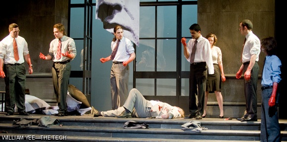 (from left) David A. Brescia ’10, Skylar W. Desa ’10, Yoni Gray ’10, Prannay Budhraja ’10, Mia A. Shandell ’10, Bryan C. Hernandez ’09, and Travis S. Newsad ’10 contemplate their murderous actions during the dress rehearsal of Julius Caesar on February 4.