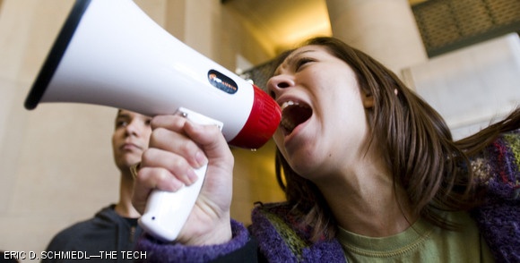 Erica Y. Griffith ’10 addresses protesters and passersby during the Tuesday afternoon protest in Lobby 7 held by the Campaign For Students, a concerned students group. The protest was organized by students in response to the Saturday-evening leak of a draft dining proposal that recommended mandatory meal plans. See Page 10 for more photos of the protest.