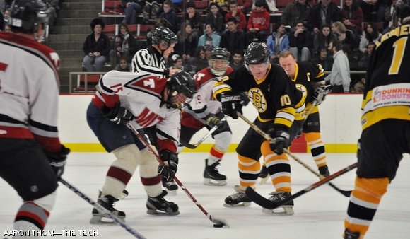 Saturday evening, alumni of the MIT Ice Hockey program faced off against alumni of the Boston Bruins in a fundraising event for the current MIT team. The Bruins won 13-11. MIT alumni from as early as the Class of 1966 (Robert Silver and M. Loren Wood) came together to help raise funds for the team which was cut last year.