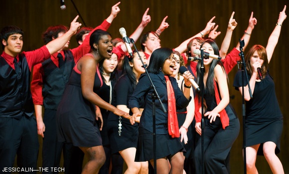 Cecilia R. Louis ’10 (left foreground) and Mairead F. Daniels ’12 (center foreground) perform with the Chorallaries at the Varsity Vocals International Championship of Collegiate A Cappella Northeast Semifinals held March 21 in Kresge Auditorium. The Chorallaries won the award for Best Arrangement with their song “Rainbow Connection,” arranged by Anna Lo ’08.