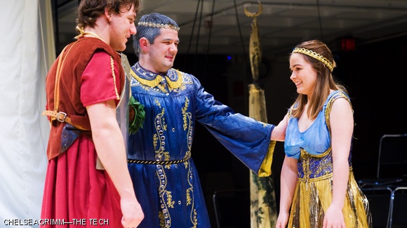 (left to right) Zachary D. Tribbett ’12, Kellas R. Cameron ’10, and Jessica I. Wooton ’12 portray Pericles, Simonedes, and Thaisa, respectively, in the dress rehearsal of MIT Shakespeare Ensemble’s presentation of Pericles in March.