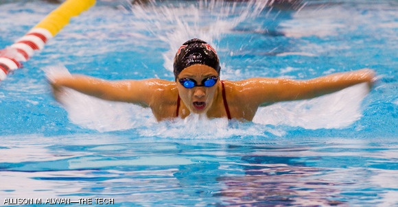 Captain Jennifer A. Chao ’09 swims the 200-yard butterfly for the Engineers during the meet on January 18, 2009 versus NEWMAC rivals Coast Guard Academy and Springfield College. Chao took first place in both the 100-meter and 200-meter butterfly.