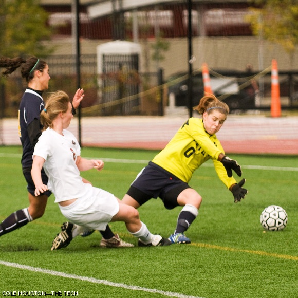 Jean E. “Liz” Theurer ’09 slides to the ground as she scores the first goal of the game for the Engineers during the women’s soccer game against Smith College on Oct. 17 at Steinbrenner Stadium. The Engineers won 6-0 under overcast skies.