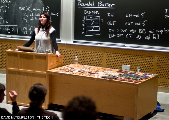 Rebecca Roebber from the Kallari Association is seen lecturing on the production of fine chocolate at a chocolate tasting in 32-123 on Monday evening. The lecture and tasting was hosted by the Laboratory for Chocolate Science and the Western Hemisphere Project.