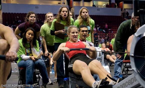 Friends and teammates cheer on Jane M. Wolcott ’09 of the Varsity Openweight Women’s rowing team at the CRASH-B (Charles River All-Star Has-Beens) Sprints World Indoor Rowing Championships, begun in the ‘80’s by a group of Olympians during winter training. Wolcott finished in 10th place (of 246 competitors) with a time of 7:03.9 in the open women’s division. The 2000 meter race has been run on rowing machines since 1982. This year’s event took place at Boston University’s Agganis Arena on Feb. 22.