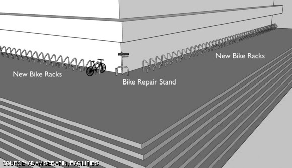 A 3D rendering of the new bicycle racks and repair stand outside the Stratton Student Center, Building W20. This view from the southeast corner shows the proposed location of the repair stand, which will be installed in March. The racks go in today.