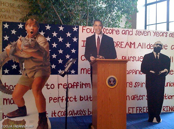 The “On the Shoulders of Giants” display was vandalized during the week of Feb. 2; a cardboard cutout of President Abraham Lincoln was replaced with a cutout of “Crocodile Hunter” Steve Irwin (pictured here).