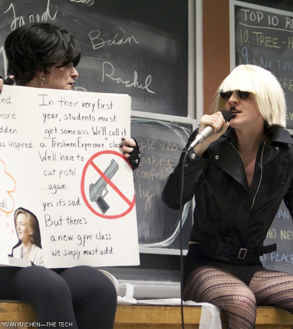 Lady Gaga (Michael R. Blaisse ’10) shares the Chorallaries’ version of “One Fish, Two Fish, Next Fish, New Fish” as Hannah S. Israel ’12 holds the picture book up for the audience to see. The story mocked the sexual lives of MIT students, and included rhymes such as “But [MIT girls] spend all their time learning Einstein and Feynman, and don’t leave enough time for breaking the hymen!”