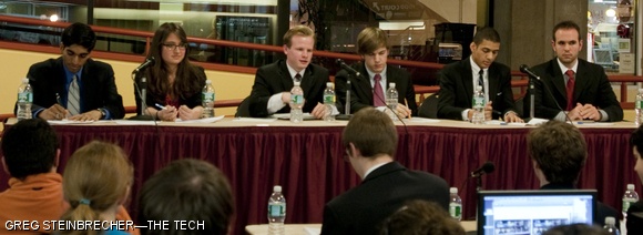 The candidates for UA president and vice president participate in a debate in the student center on Sunday. Electronic voting will begin next Tuesday and end next Thursday; paper balloting will occur next Friday. For a video of the full debate, see http://tech.mit.edu/V130/N11/uadebate/video.html