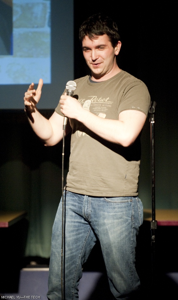 Nathaniel S. Fox ’12 gives his stand-up comedy routine as part of a competition arranged by the MIT Stand-Up Comedy Club on Wednesday evening in Lobdell. The top eight comedians voted by the audience will represent MIT as a team to compete against other colleges in the Rooftop College Comedy Competition. The top four teams will then head to the national finals at the Aspen Rooftop Comedy Festival on June 10–13.