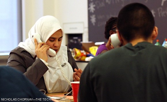 Hana I. Khalil ‘13 talks to a prospective member of the Class of 2014 on the phone during the admitted students telethon held on Thursday in the Bush Room.