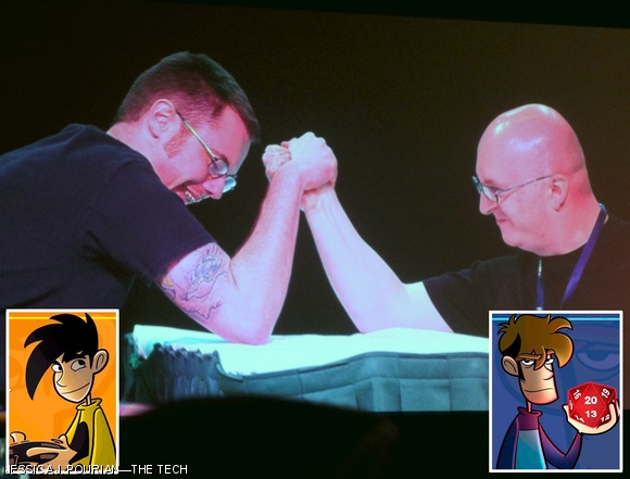 In response to a request from the audience, Penny Arcade creators Mike Krahulik (left) and Jerry Holkins arm wrestle. After an overly dramatic minute, Krahulik won.