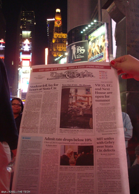 Jingyun Fan ’12 and Ana Lyons ’12 visit Times Square in New York City and bring The Tech.