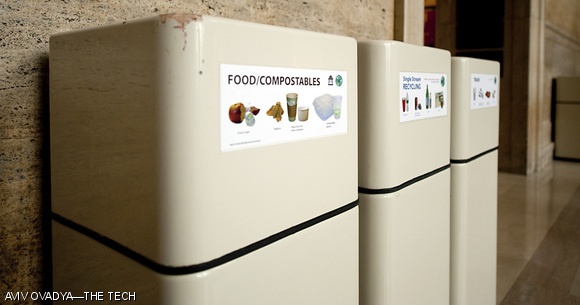 Compost bins now accompany trash and recycling bins in Lobby 10.