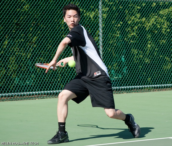Kevin Pang ’11 hits a forehand during the men’s tennis match on Saturday. MIT won 8-1 over Springfield College.