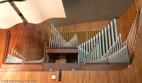 Kresge organ: This pipe organ sits in the loft near the stage of Kresge Auditorium. The ceiling of Kresge features “clouds” that absorb and direct sound, making the auditorium well known for its acoustics.