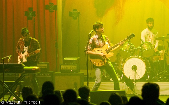 Twice the guitars, twice the hooks: Rostam Batmanglij (left) and Ezra Koenig (right) of Vampire Weekend play their hit “A-Punk.”
