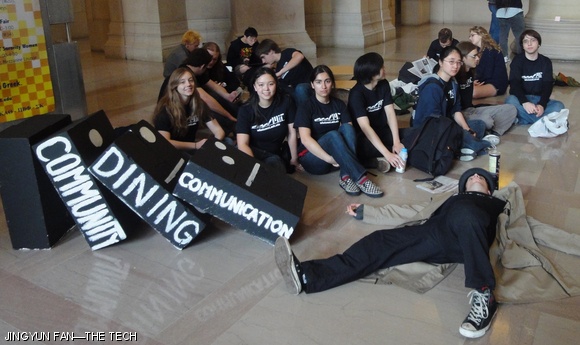 Students, mostly from East Campus and Random Hall, demanded more input into the dining reform process during a protest in Lobby 7 on Friday, the second day of Campus Preview Weekend. The event was organized by the Campaign for Students.