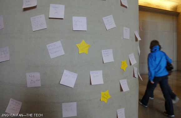 Sticky notes protesting proposed changes to Campus Dining were posted on pillars in Lobby 7. Protesters are concerned that student input is not being considered in designing the new dining plan.