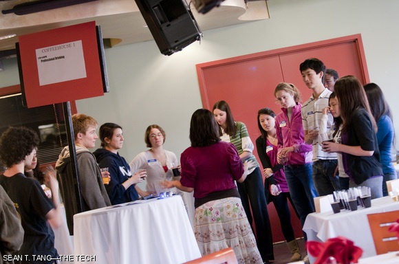 Mixing business and pleasure: A Charm School instructor lectures students on proper etiquette during professional gatherings in which alcoholic beverages are served. MIT’s 17th annual Charm School, coordinated by Student Activies Office, took place at the Stratton Student Center on Friday, Jan. 29.