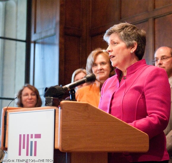 Secretary of Homeland Security Janet Napolitano speaks in the Emma Savage Rogers Room (10-340) last Friday. Napolitano met with the heads of Boston-area universities at MIT to discuss how national security can be aided by higher education.