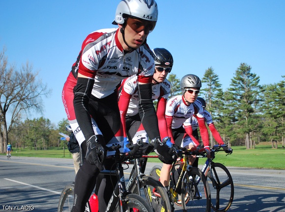 (left to right) Jonathan J. Dreher G, John J. Rhoden G, Timothy J. Humpton ‘10, and Michael L. Garrett G take off from the start line in the Men’s A team time trial at the Eastern Collegiate Cycling Conference championships.