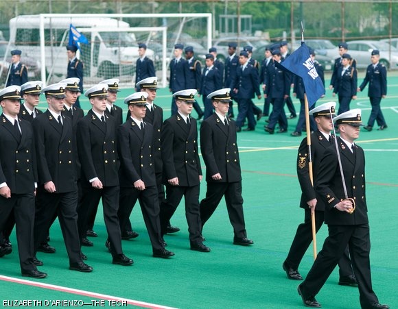 Members of MIT’s Navy ROTC march by in the military ceremony Pass in Review this past Friday. The ceremony featured some common military traditions and described the deep history MIT has as one of only 25 universities with all three ROTC programs — Army, Navy, and Air Force.