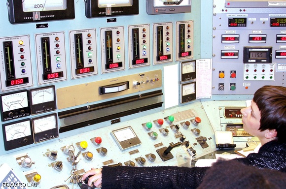 Senior Reactor Operator Agata E. Wisniowska ’11 performs a startup in the reactor’s control room. The reactor, opened in 1956 and rebuilt in 1974, is operated in part by undergraduate students.