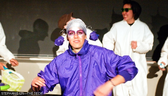 Frubble (Anne G. Warren ’13) dances out of the grip of the Frubblebusters in the background to the theme song of Ghostbusters during the 2.00b Toy Playsentations in 10-250 on May 11. Students collaborated with Hasbro, the MIT Museum, and the Boston Children’s Museum to design toys such as Frubble, a bubble-making frisbee.