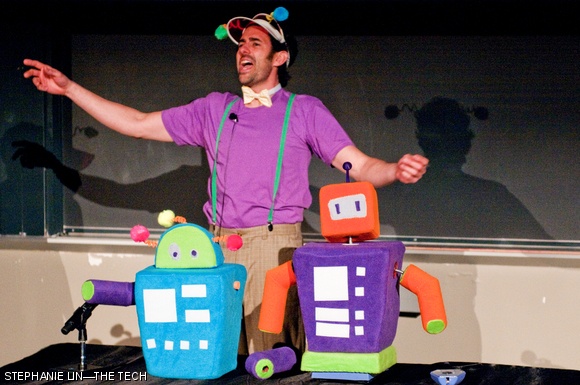 Micah R. Eckhardt G bursts forth in verses praising the Bobbly Bots for their many desirable features, such as cuddliness, interchangeable joints, and motorized bases during the Toy Playsentations in 10-250 on May 11. The toys were designed around the theme of the outdoors.