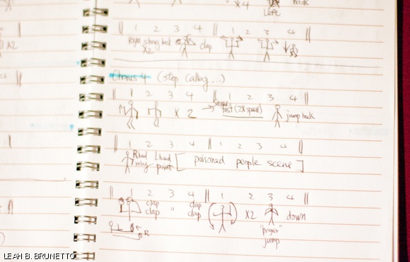 The night before filming the music video for his a capella remake of Lady Gaga’s “Telephone,” Yu-Pu prepares detailed notes describing the beat-by-beat choreography needed for each scene. Here he uses various poses of stick figures to represent the contrasting dance moves, making note of key lyrics and memorable scenes as they are to occur throughout the recording.