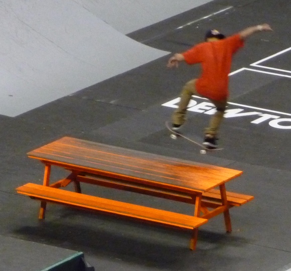 Joanna Kao—The Tech
Ryan Sheckler ollies onto a table during the Men’s Pro Park competition at the ISF Skateboarding World Championships in Boston on June 26. Greg Lutzka (88.05) beat out the competition to claim first place while Shekler trailed in second (86.30) and Chaz Ortiz (83.35) in third.